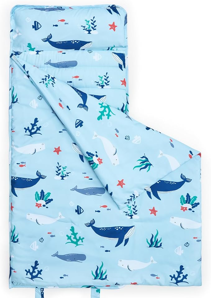 david's kids Toddler Nap Mat Set with Removable Pillow, Ultra Soft Slumber Bags for Boys Girls，Perfect for Preschool, Daycare, Kids Sleeping Bags with Rollup Design, 50"x20", Ocean Animals Light Blue