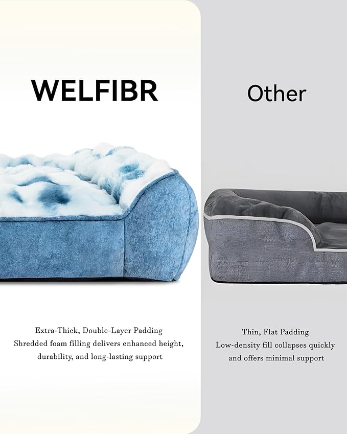 Welfibr Fluffy Faux Fur XL Dog Bed Large Sized Dog Washable Rasied Dog Bed Orthopedic Dog Beds with Sides Noiseless Supportive Foam Dog Couch Anti-Slip Comfort Pet Beds with Removable Cover Blue 48"
