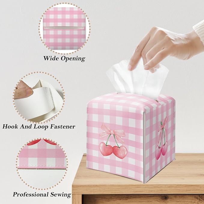 Pink Bow Cherry Tissue Box Cover Square, Leather Tissue Holder with Bottom Belt, for Nightstands Desks Office Bathroom Car Vanity Home Decor Supplies -001