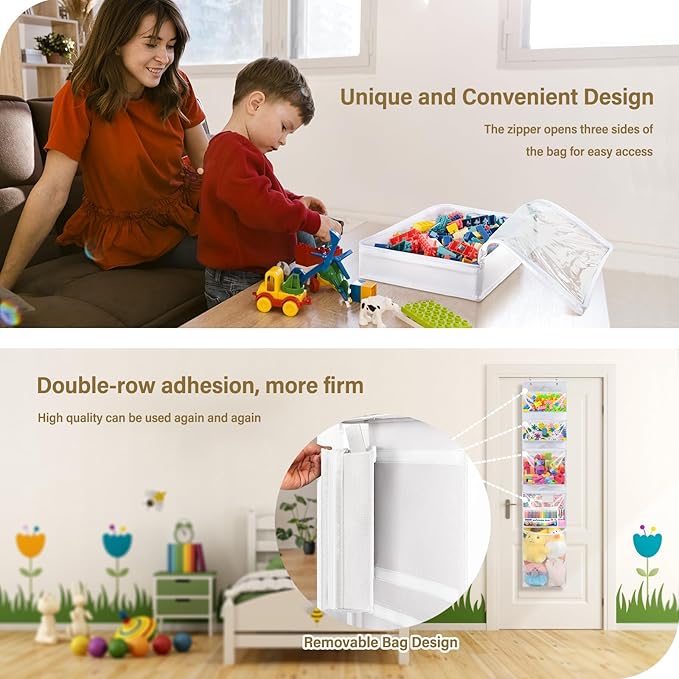 Over Door Organizer and Storage, Hanging Toy Holder with 4 Clear Removable Pouches, Toddler Room Wall Stuffed Animal Bag Case, Kids Playroom Closet Organization for Building Block, Puzzle