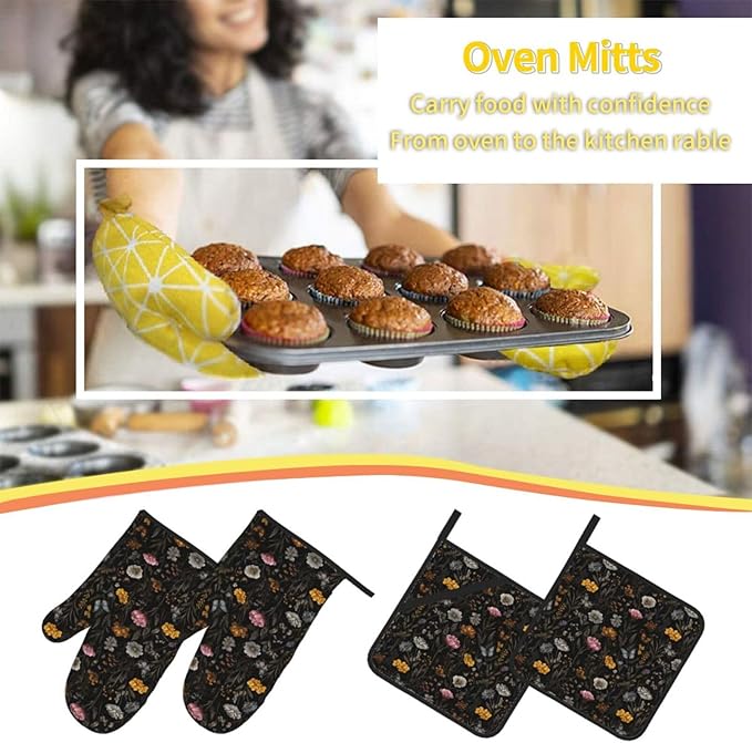 Oven Mitts and Pot Holders Sets of 4 Flower Butterfly Boho Botanical Kitchen Potholder Gloves Heat Resistant Non-Slip for Chef Baking Cooking Grilling BBQ Mittens