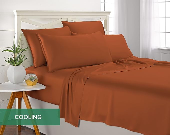 Pure Bamboo Split King Sheets, Genuine 100% Organic Viscose Derived from Bamboo Bed Sheet Set, Soft & Cooling, Double Stitching, 2 Fitted Sheets (Split King, Terracotta)