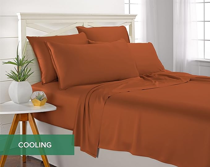 Pure Bamboo Queen Sheets, Genuine 100% Organic Viscose Derived from Bamboo Bed Sheet Set, Luxuriously Soft & Cooling, Double Stitching, 2 Year Quality Promise (Queen, Terracotta)