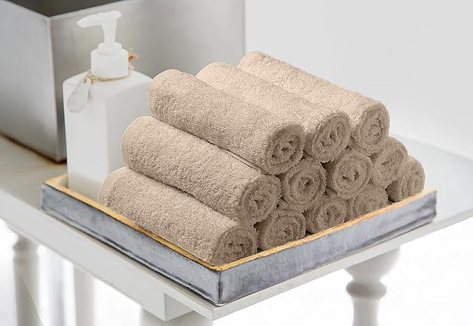 Avalon Towels Cotton Washcloths – (Pack of 60) Size 12x12 Inches, 100% Ring Spun Cotton, Soft & Absorbent Face Towels, Gym Towels, Hotel and Spa Quality, Reusable Fingertip Towels (Natural)