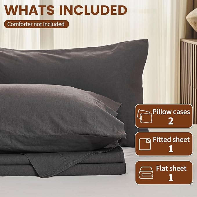 100% Linen Sheets California King Size,Breathable & Durable 4-Piece Bed Flax Sheet Set,Soft All-Season Bedding for Hot Sleepers 16" Deep Pocket Oeko-TEX Certified,（Cal King, Dark Grey）