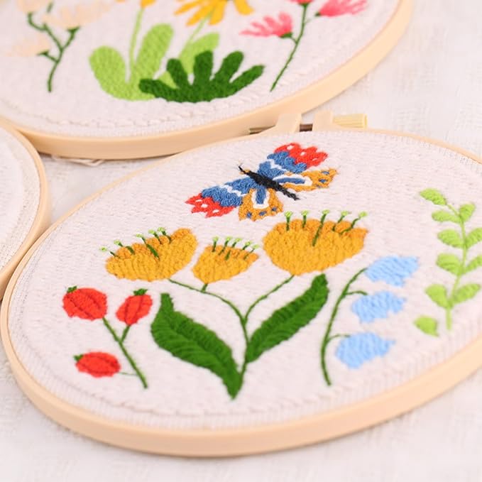 Allazone 3 Set Embroidery Starter Kits for Beginner, Butterfly and Bird Punch Needle Kit with Instruction, Plastic Hoop, Yarns and Embroidery Handle Needle Pen