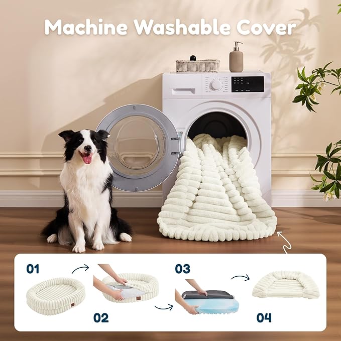 ChiXnuggle Dog Bed Medium Sized Dog - Luxury Striped Faux Fur Waterproof Pet Couch with Removable Washable Cover, Orthopedic Pet Bed with Bolster Sides for Sleeping, Cream
