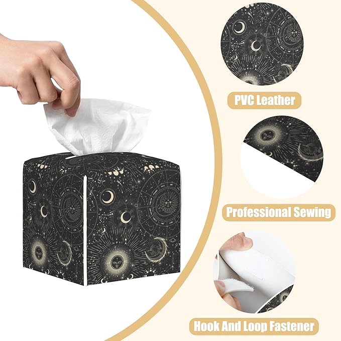 Zodiac Signs Leather Tissue Box Holder Moon Phases Tissue Box Cover Facial Paper Case Organizer Cube Napkin Dispenser for Bathroom Vanity Countertop Night Stand Office Car