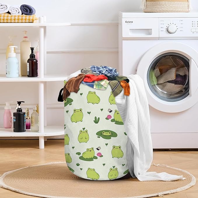 Cute Frog Laundry Basket with Sturdy Handles, Collapsible Oxford Cloth Laundry Hamper Organizer Basket for Bathroom Bedroom 15.7x20 Inch