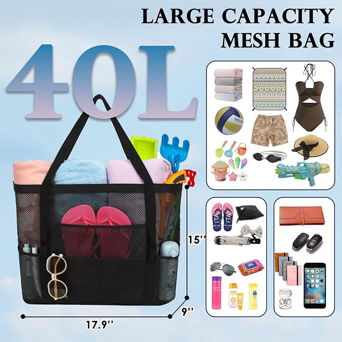 Fammart Mesh Beach Bag, Large Beach Tote with Zipper Pocket for Family Pool Bag for Toys & Vacation Essentials