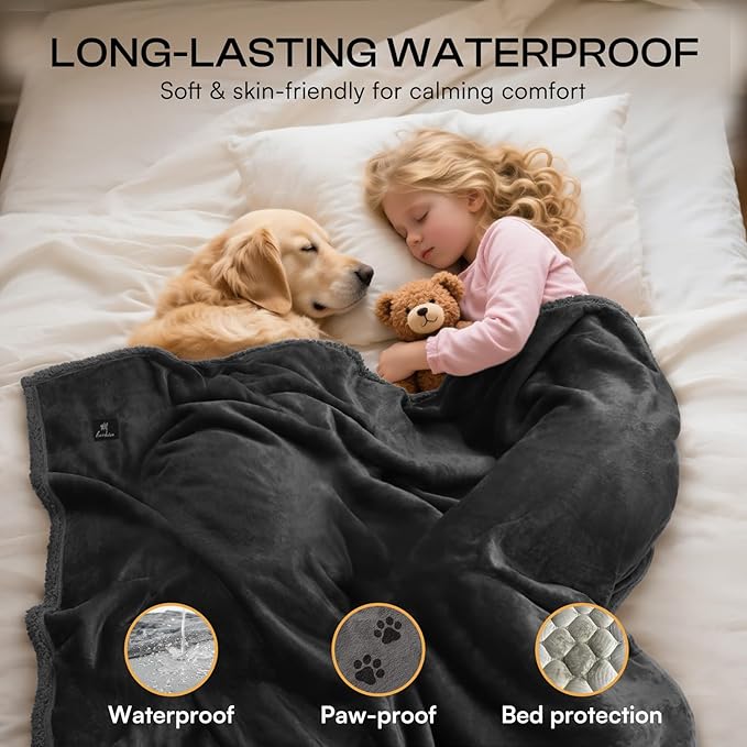 Luciphia Waterproof Bed Blanket Washable,Soft Sherpa Fleece Puppy Reversible Throw Blankets for Medium Large Dog Cat,Furniture Cover Protector Couch Bed from Liquid Pee and Pet Fur, Black,85" x 57"