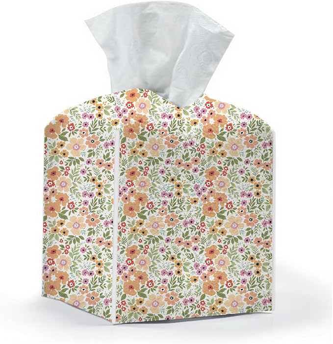 Tissue Box Cover, Tissue Box Holder, Square with Belt Bottom, PU Leather Decorative Organizer for Desk, Tabletop, Countertop Bathroom, Home Toilet Car, Office, Dresser Bedside, Aesthetic Floral Decor