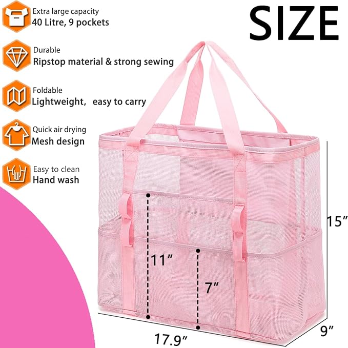 Fammart Mesh Beach Bag, Large Beach Tote Bags with Zipper, Toys Pool Bag for Family Travel Vacation Cruise Essentials