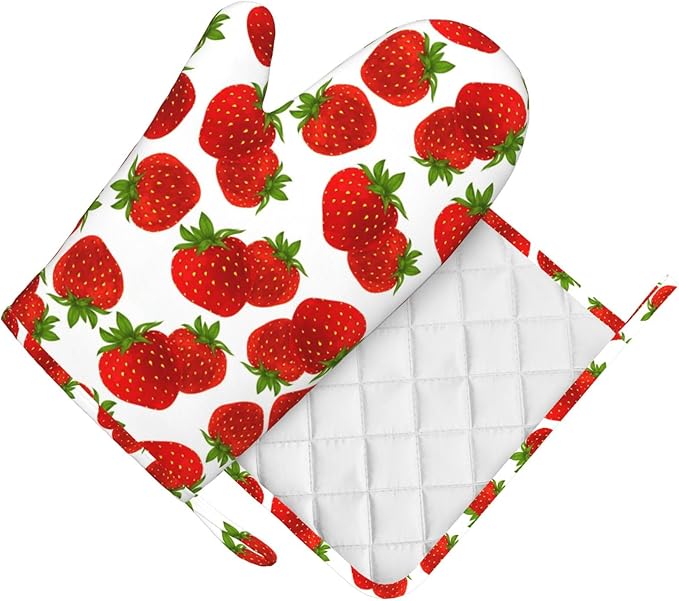 Silicone Oven Mitts and Pot Holders Sets, Home Cute Strawberry Heat Resistant BBQ Gloves for Kitchen Baking Cooking Grilling Microwave