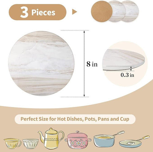 8 Inch Trivets for Hot Dishes, Pots and Pans, Marble Style Ceramic Trivet with Holder, Heat Resistant Hot Plate Mats for Countertops, Table, Home Essentials, Farmhouse Decor, Set of 3