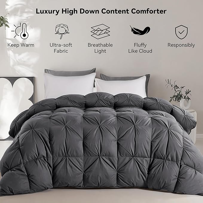 SNOWMAN Premium Down Comforter King Size, Luxurious All Season Duvet Insert with Cotton Blended Fabric, Pinch Pleat Design Hotel Bedding Comforter (Grey,106"x90")