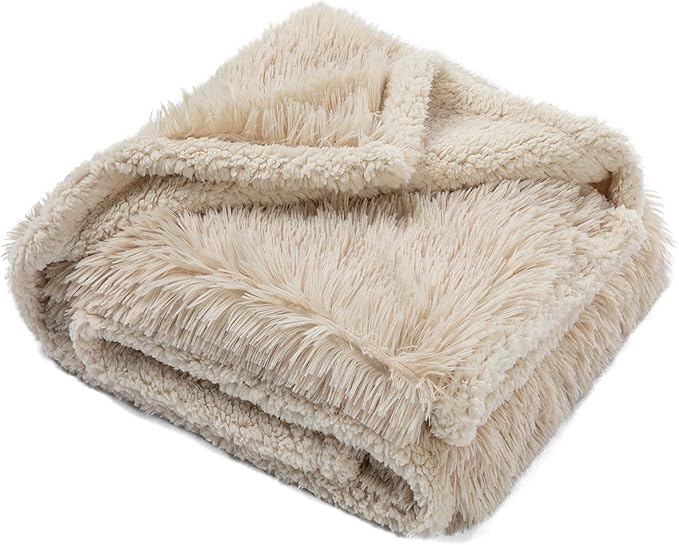 Wowchine Waterproof Calming Dog Blanket Cream Long Faux Fur Pet Throw Blankets for Medium Dogs Cats Couch Sofa Covers Love Bed Cover Washable(Cream,L-65x57in)
