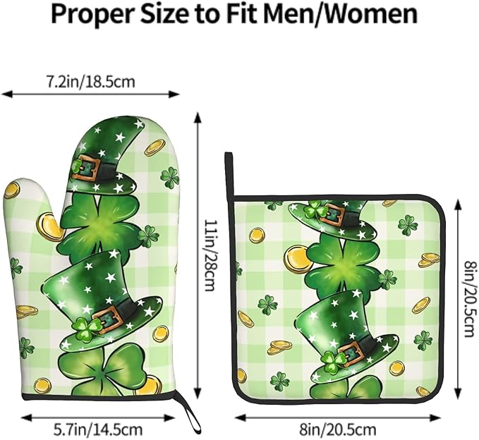 St Patricks Day Shamrock Hat Oven Mitts and Pot Holders Set of 2 Clover Gold Coin Heat Resistant Potholders Oven Hot Pads Buffalo Plaid Oven Gloves Accessories for Kitchen Chef Cooking BBQ