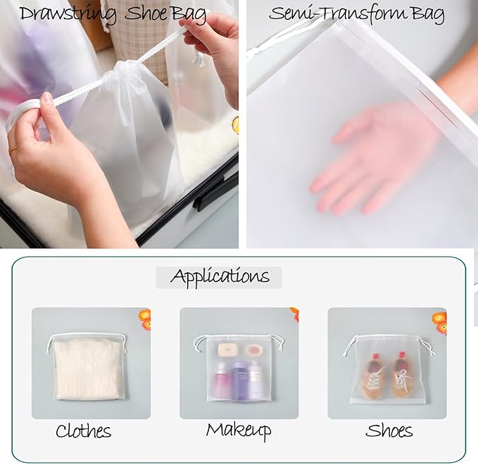 JACUXLSS Frosted Clear Plastic Travel Shoe Bag for Men Woman Travel Organizer, 15Pcs Washable Translucent Drawstring Pouch with Rope for Golf GYM Sneaker Clothes Suitcase Home Packing Storage