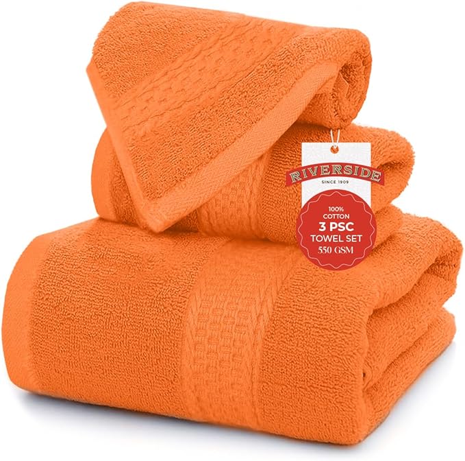 RIVERSIDE 3-Piece Towel Set, 1 Bath Towel, 1 Hand Towel, 1 Washcloth, 550 GSM Ring Spun Cotton, Soft, Quick Dry, Absorbent Bathroom Towels for Home, Gym, Spa, Orange