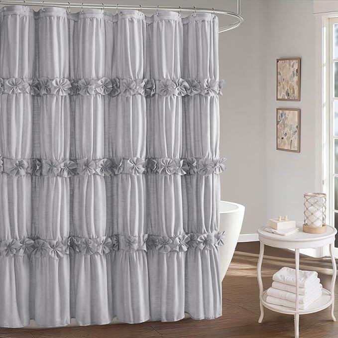 XOGUIBO Linen Ruffle Shower Curtain with Handmade Bow Tie, Vintage Farmhouse Shower Curtain for Bathroom, Grey 72" W x 72" H
