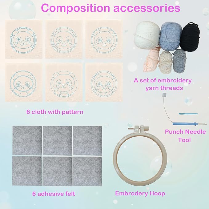 57lilina Punch Needle Coaster Kit for Adults Beginners, 6 Set Complete Animal Panda Punch Needle Stitching Embroidery Art Kit, Step-by-Step Guide Make Punch Needling Drink Coasters for Starter