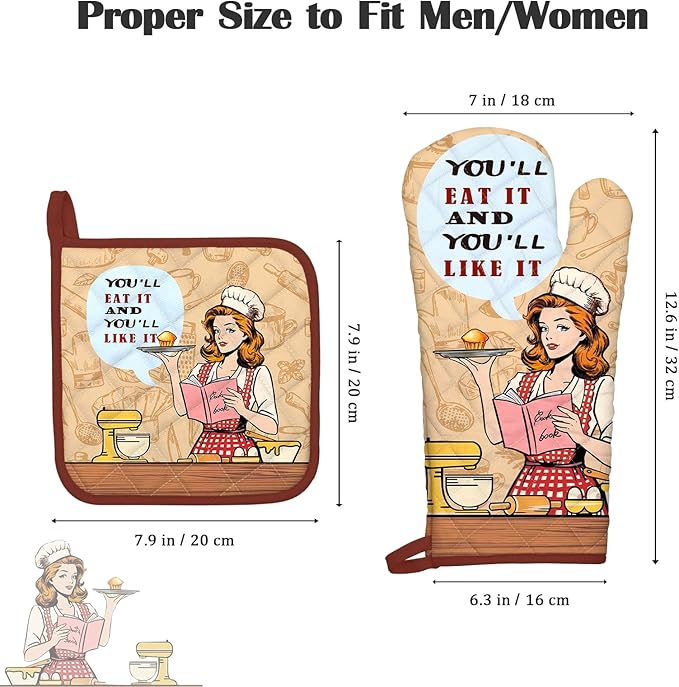 Retro Housewife Oven Mitts and Pot Holders Sets 2Pcs, 100% Cotton Heat Resistant, Extra Long Oven Gloves Potholder for Kitchen Cooking Baking Decoration