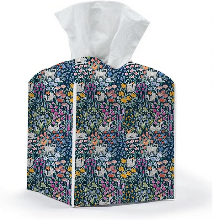 Tissue Box Cover, Tissue Box Holder, Square with Belt Bottom, PU Leather Decorative Organizer for Desk, Tabletop, Countertop Bathroom, Toilet Car, Office, Dresser Bedside, Cat Plant Flower Decor