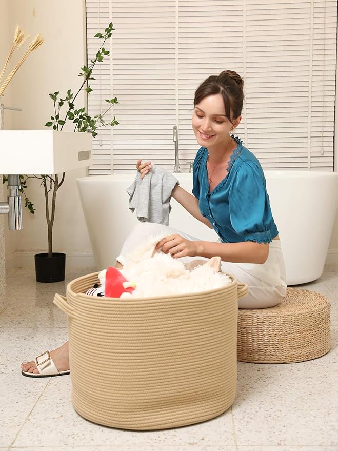 20" x 20" x 15" Extra Large Storage Basket with Lid, Cotton Rope Storage Baskets, Laundry Hamper, Cloth Bin, for Clothes Towels Blankets Pillows Storage in Living Room, All Beige