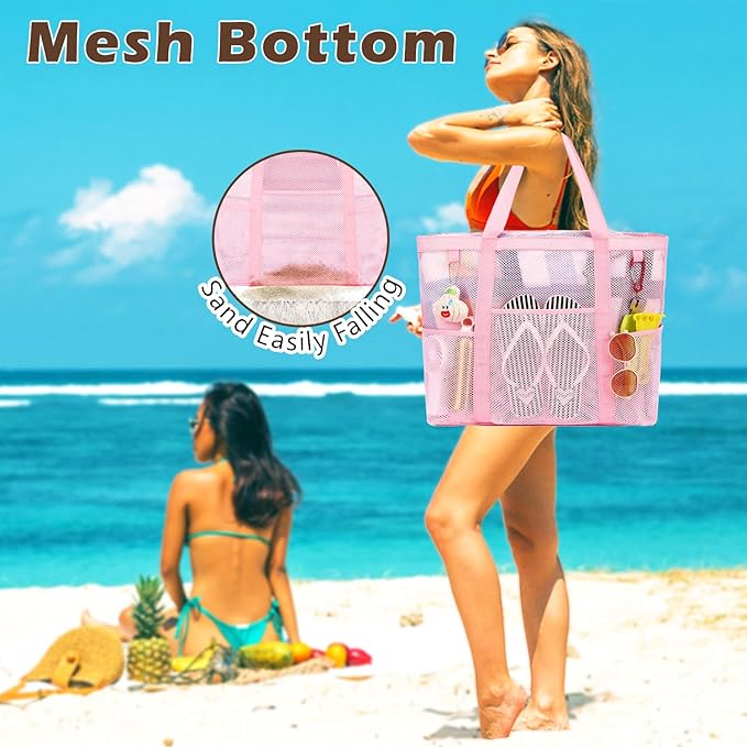 Fammart Mesh Beach Bag, Large Beach Tote Bags with Zipper, Toys Pool Bag for Family Travel Vacation Cruise Essentials