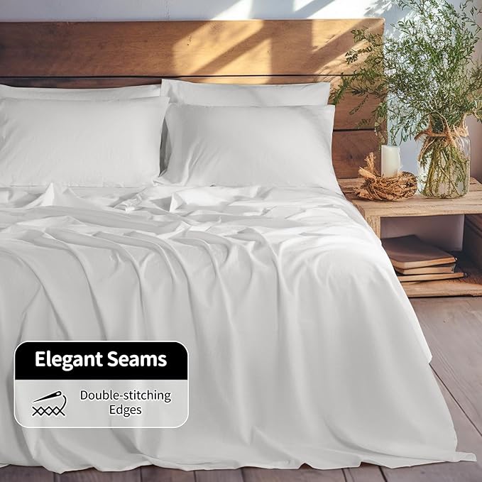 LBRO2M 100% Linen Sheet Set King Size, Bed Sheets 6 Piece Sets,Solid Color Natural Flax Bed Sheets Soft Breathable Bedding,16" Deep Pocket,All Season (King, White)