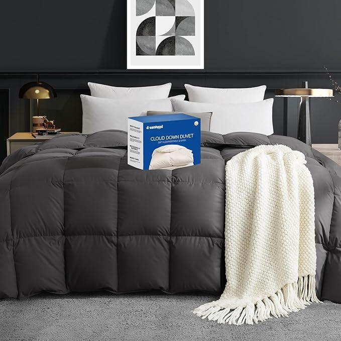 Dreamhood Down Feather Fiber Comforter Twin Size Fluffy Breathable Dark Grey Duvet Insert Ultra Soft All Season Luxury Bedding Comforter with Corner & Center Loops (68"x90")