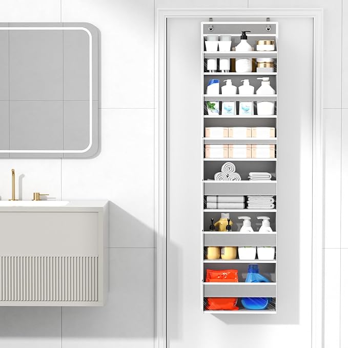 Mefirt Over The Door Organizer, 6 Shelf Door Organizer Hanging with 6 Large Capacity Pockets, Over The Door Storage Hanging Shelves for Closet Wall Bathroom Closet Bedroom Nursery