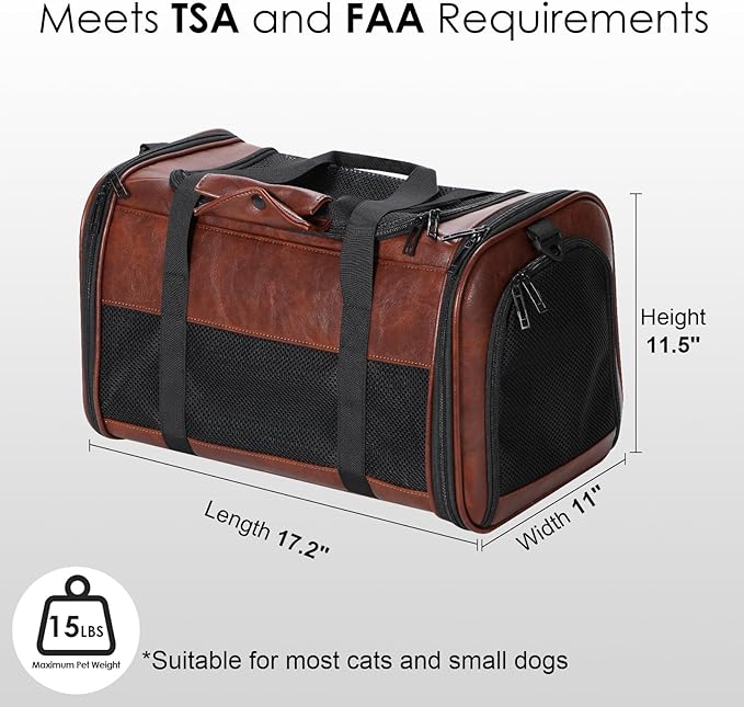 Monanller Fashion Leather Dog Carrier, Airline Approved Cat Carrier Soft Sided Pet Bag Carrier Purse for Puppy Kitten Small Animals Coffee