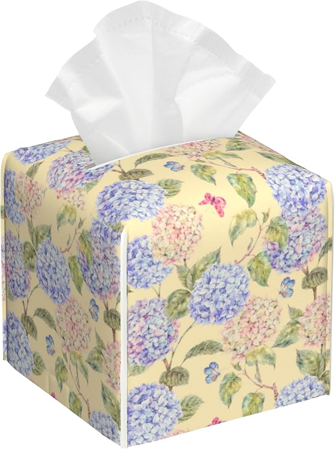 Watercolor Hydrangeas and Butterflies Tissue Box Cover Square Leather Tissue Holder Waterproof Facial Paper Organizer Dispenser Cube Paper Cover Case for Home Office Bathroom Vanity Countertop
