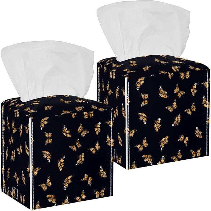 2 Pack Butterfly on Black Background Tissue Box Cover Holder - Leather Decorative Organizer for Tabletop, Bathroom, Car, Office