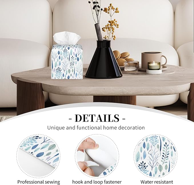 POIUBLE Tissue Box Holder Watercolor Blue Leaves Tissue Box Cover Square Leather Tissue Holder Organizer Portable Decorative Facial Paper Case for Home Office Bathroom Vanity Countertop