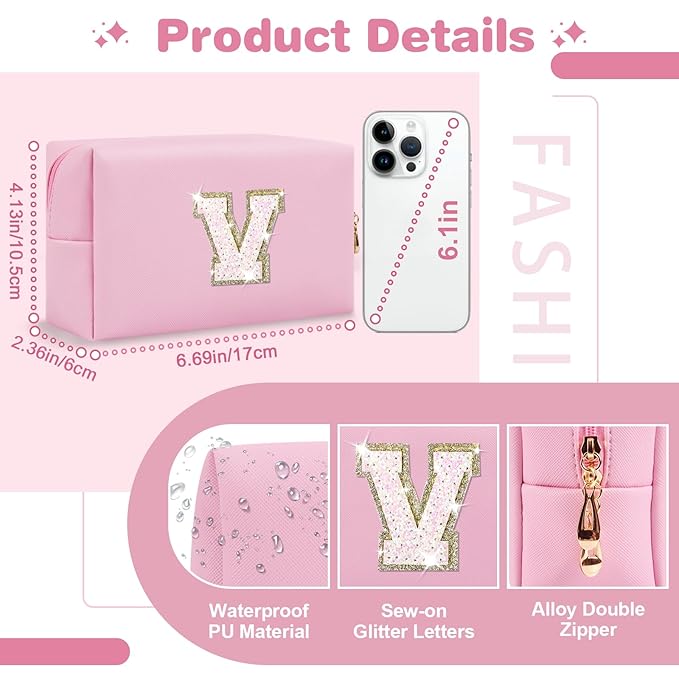 Small Personalized Initial A-Z Patch Makeup Bag,Pink Cute PU Leather Glitter Letter Cosmetic Bag for Teen Girls,Travel Toiletry Bag with Zipper,Preppy Monogrammed Birthday Gift for Daughter Niece V