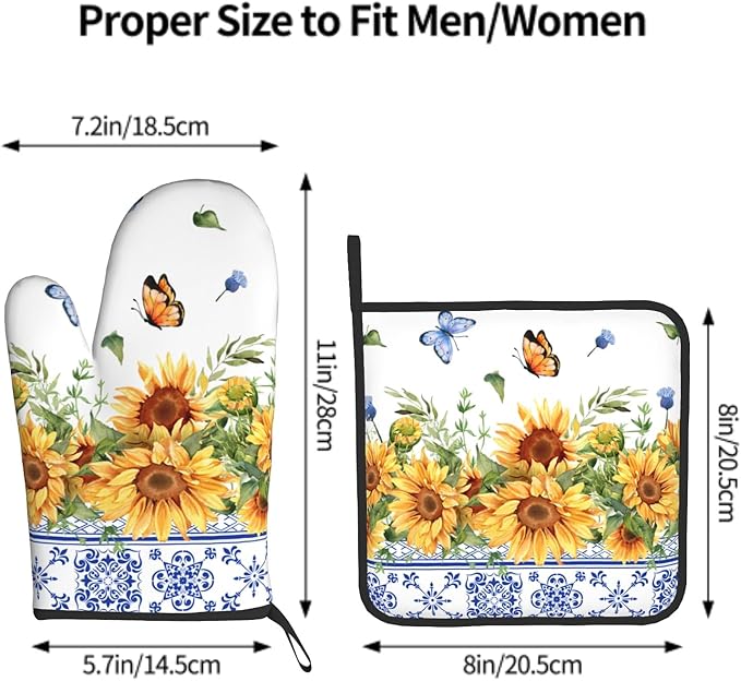 Sunflower Oven Mitts and Pot Holders Sets Yellow Floral Butterfly Oven Mitts Heat Resistant Blue Boho Farmhouse Spring Summer Decorative Oven Gloves Hot Pad for Kitchen Cooking Baking Grilling Dining