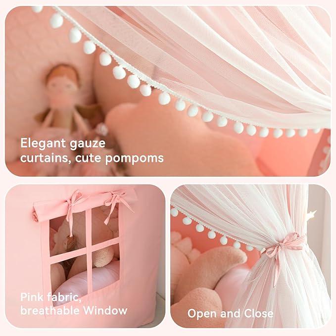 Kids Tent with Mat, Kids Play Tents Indoor, Princess Tent for Girl, Toddler Tents Playhouse for Kid, Large Play Cottage Pink, Kid Toys for Girl Birthday Gift