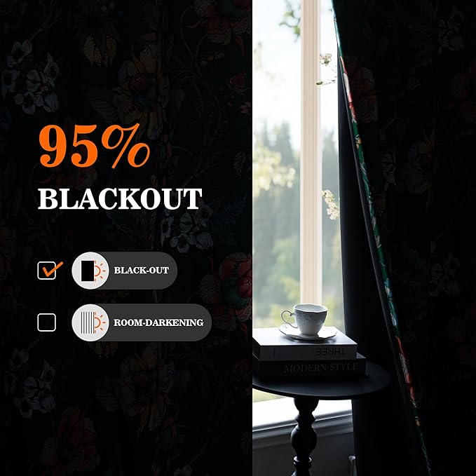 MYSKY HOME Floral Blackout Curtains 63 Inch Long Bedroom Black Out Thermal Insulated Room Darkening Curtain Printed Flower Vintage Style Grommet Window Treatments Living Room Kitchen, Pack-2, Green