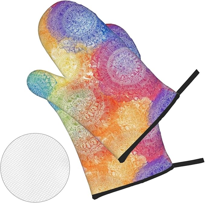 Oven Mitts and Pot Holders Sets of 4 Colorful Rainbow Mandala Pattern Kitchen Potholder Gloves Heat Resistant Non-Slip for Chef Baking Cooking Grilling BBQ Mittens