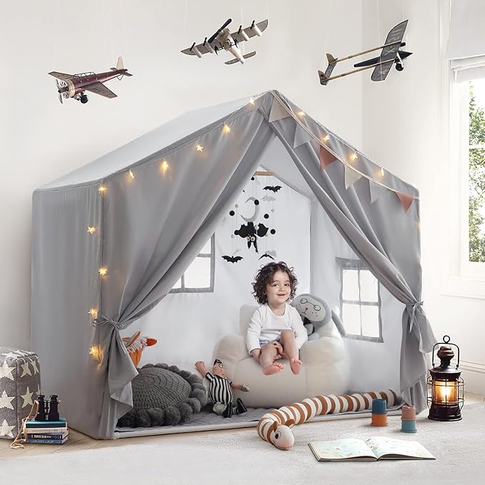 Kids Play Tent Indoor, Play Tents for Kids, Razee Large Playhouse Tent Play House with Padded Mat, Tent Castle for Toddlers, Play Cottage Kid Toys for Boy Girl Birthday Gift (Grey)