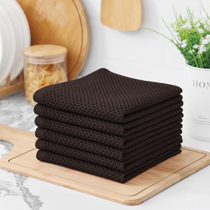 Kitinjoy 100% Cotton Kitchen Dish Cloths, 8 Pack Waffle Weave Ultra Soft Absorbent Dish Towels for Drying Dishes Quick Drying Kitchen Towels Dish Rags, 12 X 12 Inches, Dark Brown