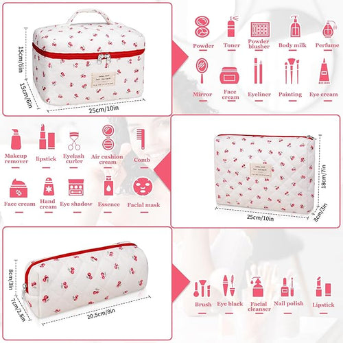3pc Makeup Bag Set, Quilted Makeup Bag Set, Large Floral Cosmetic Bag for Women, Cute Cotton Makeup Bags, Flower Travel Toiletry Organizer Bag (Pink Cherry Flowers)