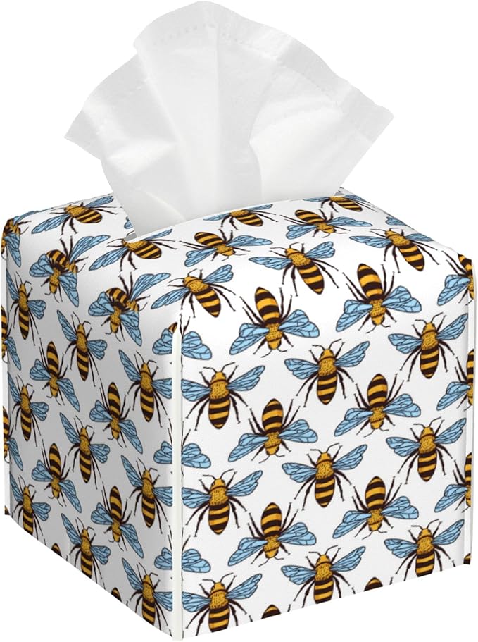 POIUBLE Honey Bee Tissue Box Cover Leather Tissue Box Holder Square Facial Paper Organizer Dispenser for Bathroom Kitchen Bedroom Vanity Countertop Night Stands