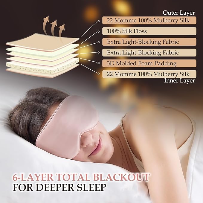 SGMSILK 100% Mulberry Silk Sleep Mask for Unisex, 22 Momme 3D Silk Contoured Eye Mask, Breathable Light Blocking Blindfold with Adjustable Strap, Blackout Eye Cover for Travel, Pink