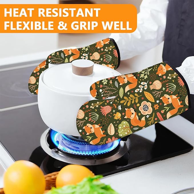 Fox Oven Mitts and Pot Holders Sets 4Pcs,Extra Long Oven Gloves Potholder for Kitchen Cooking Baking BBQ 100% Cotton Heat Resistant