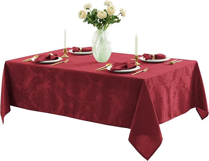 Newbridge Barcelona Damask Fabric Tablecloth, 52 x 70 Inch Rectangle, Burgundy – No Iron, Soil Resistant Table Cover for Dining, Parties and Holidays