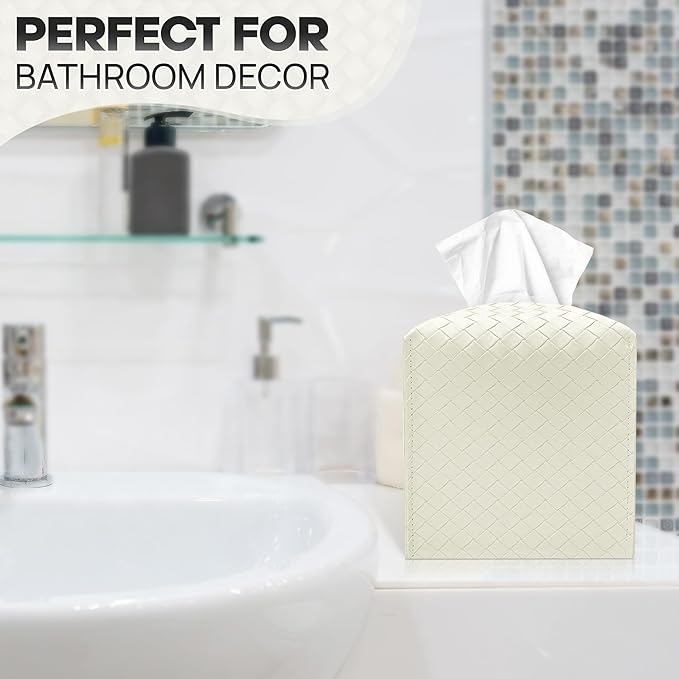 Tissue Box Cover Holder, PU Leather Tissue Box Cover with Braided Pattern, Square Tissue Holder with Bottom Belt, Modern Organizer for Bathroom, Car, Office, Tabletop (White., 12 Braided Patterns)